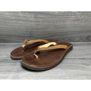 OluKai Pua Womens Leather Thong Sandals Flip Flops Brown Black US 9 EUR 39 Beach